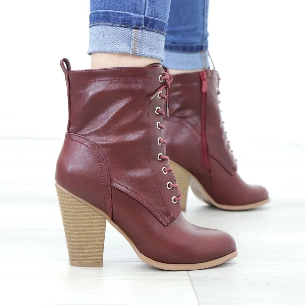 Lace-Up Block Cone High Heeled Ankle Boots Synthetic Leather - Picture 7 of 15